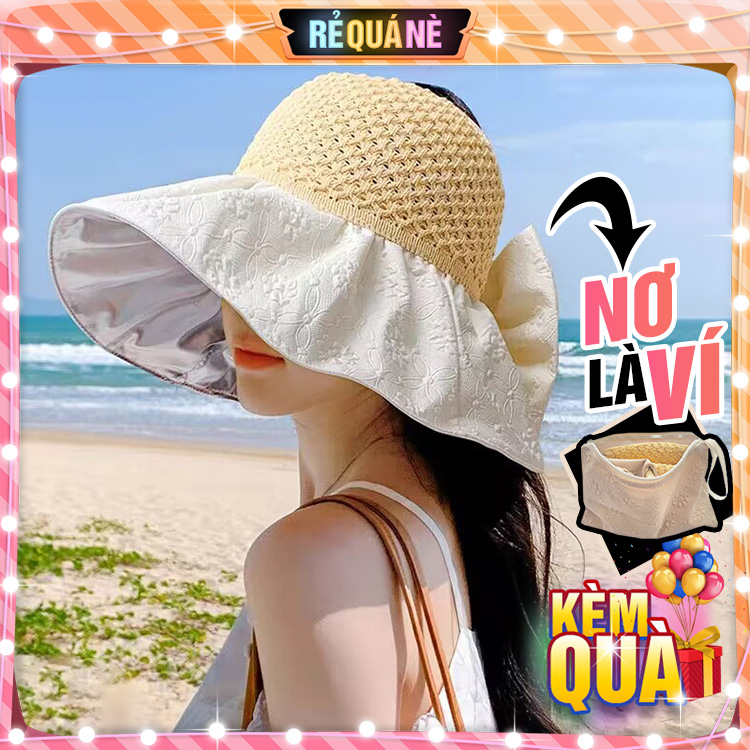 Nón Nửa Đầu Vành Rộng Chống Nắng Vân Hoa Phần Nơ Có Thể Làm Ví RQN2323