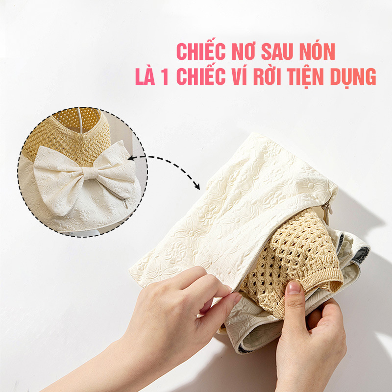 Nón Nửa Đầu Vành Rộng Chống Nắng Vân Hoa Phần Nơ Có Thể Làm Ví RQN2323