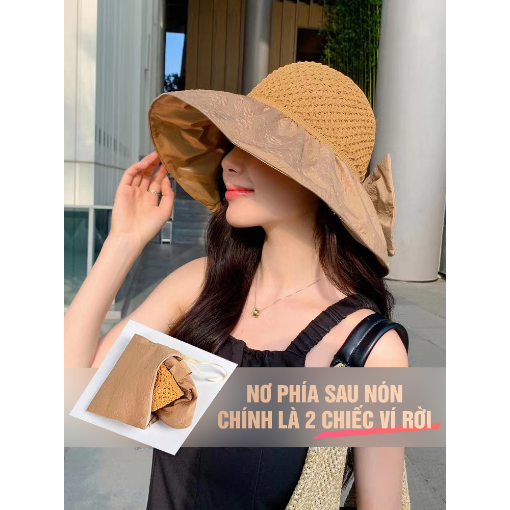 Nón Nửa Đầu Vành Rộng Chống Nắng Vân Hoa Phần Nơ Có Thể Làm Ví RQN2323