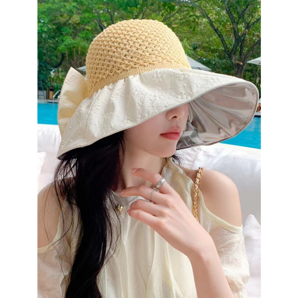Nón Nửa Đầu Vành Rộng Chống Nắng Vân Hoa Phần Nơ Có Thể Làm Ví RQN2323