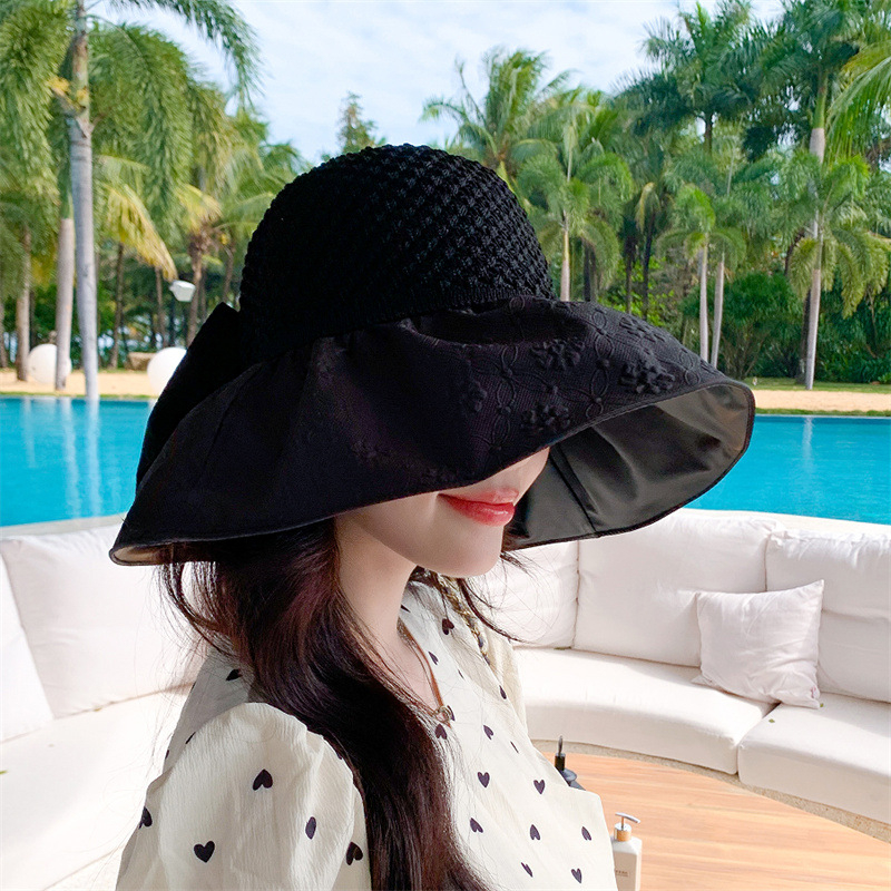 Nón Nửa Đầu Vành Rộng Chống Nắng Vân Hoa Phần Nơ Có Thể Làm Ví RQN2323