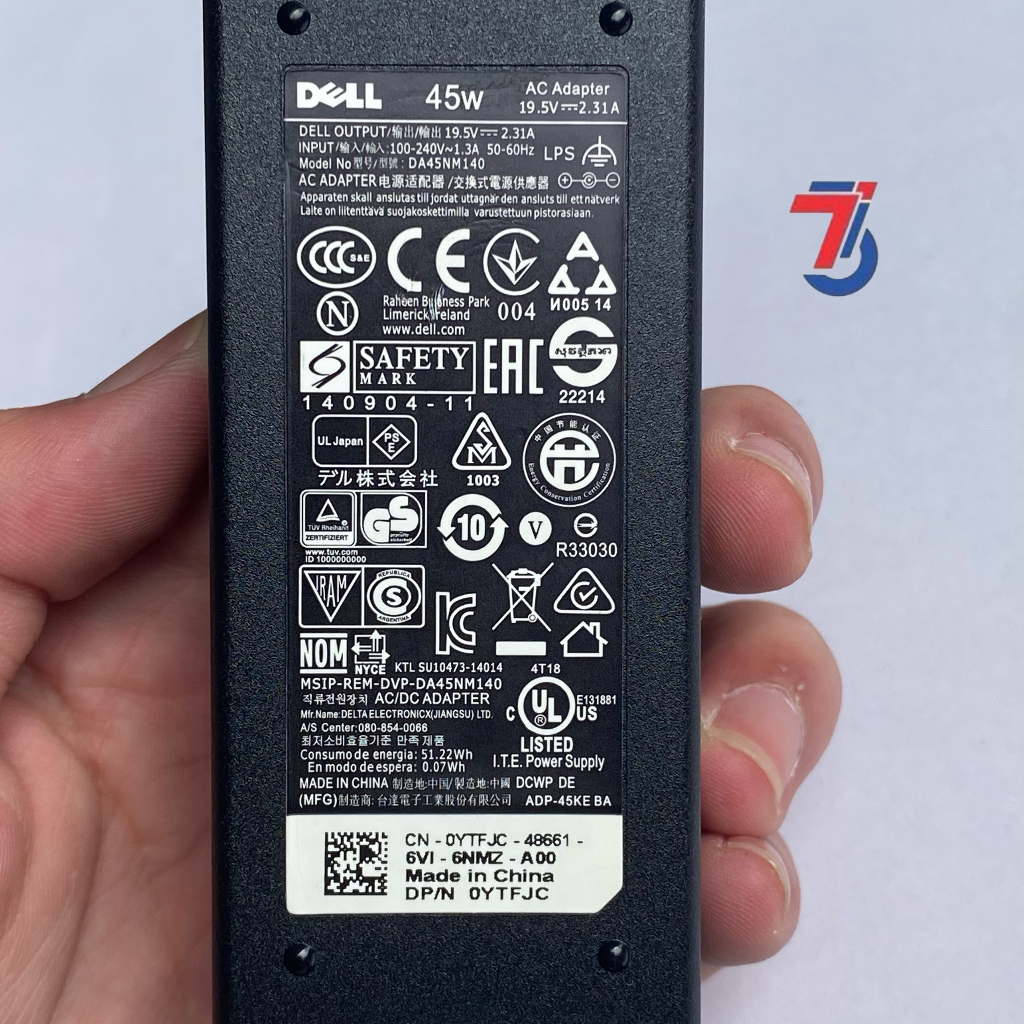 Sạc Laptop DELL 19,5V-2.31A  Chân Kim Nhỏ 4.5*3.0mm loại tốt bảo hành 12 tháng - Adapter Dell