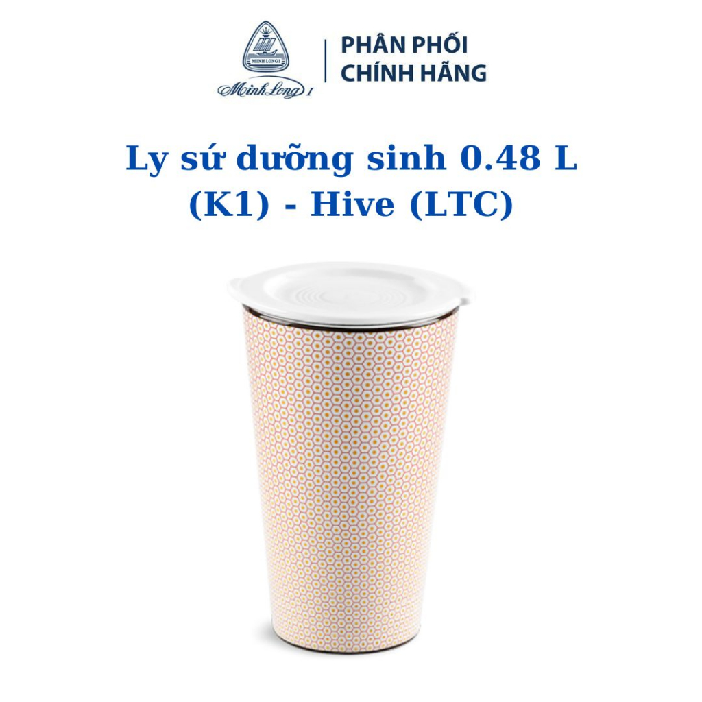 Ly sứ dưỡng sinh Minh Long - Hive 0.48 L, cao có nắp đậy dùng để uống trà, cafe, kiểu dáng sang trọng, giữ nhiệt tốt , k