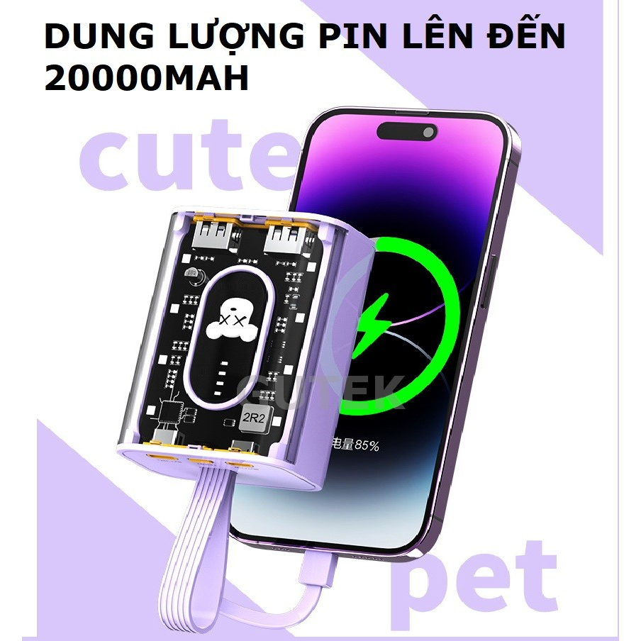 Sạc dự phòng 20000mAh Gutek YM694 dung lượng lớn trong suốt tích hợp dây sạc nhanh cho nhiều thiết bị