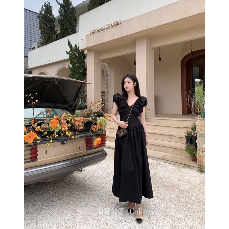 Váy đầm maxi cổ V nhúm vai hàng 2 lớp loại đẹp siêu xinh