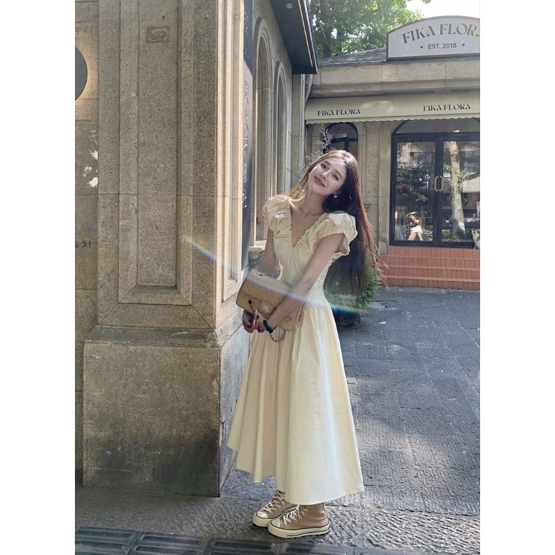 Váy đầm maxi cổ V nhúm vai hàng 2 lớp loại đẹp siêu xinh