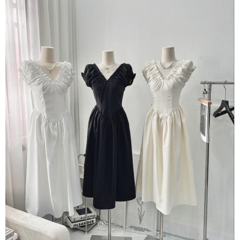 Váy đầm maxi cổ V nhúm vai hàng 2 lớp loại đẹp siêu xinh