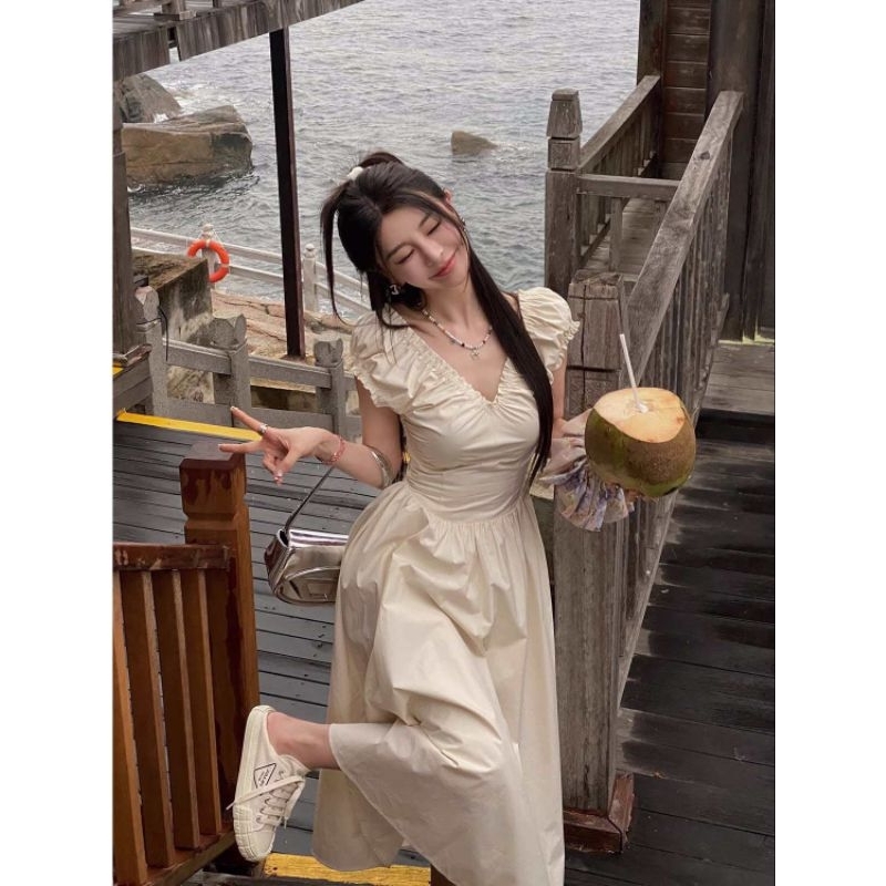 Váy đầm maxi cổ V nhúm vai hàng 2 lớp loại đẹp siêu xinh