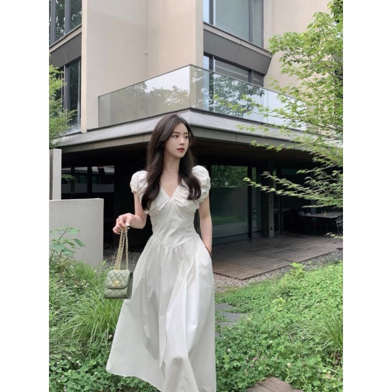 Váy đầm maxi cổ V nhúm vai hàng 2 lớp loại đẹp siêu xinh