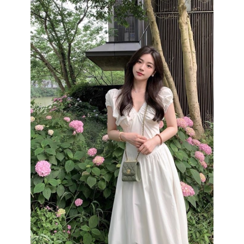 Váy đầm maxi cổ V nhúm vai hàng 2 lớp loại đẹp siêu xinh