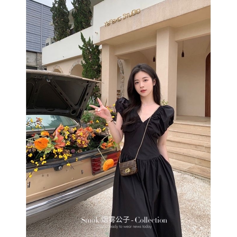 Váy đầm maxi cổ V nhúm vai hàng 2 lớp loại đẹp siêu xinh