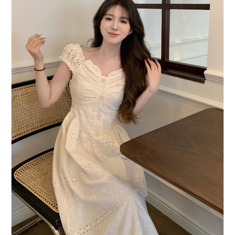 Đầm nữ trắng retro dáng dài tay ngắn tiểu thư có size to NT0153