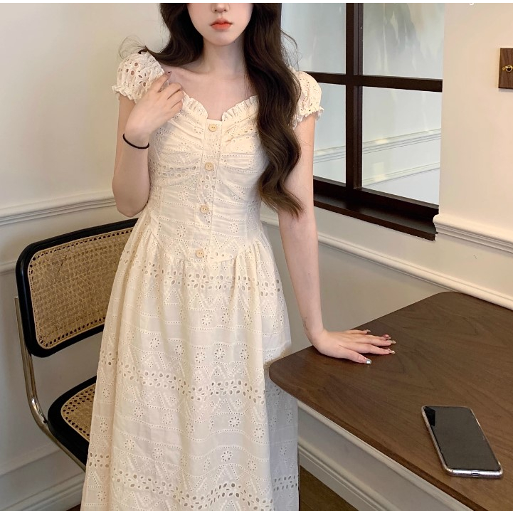 Đầm nữ trắng retro dáng dài tay ngắn tiểu thư có size to NT0153