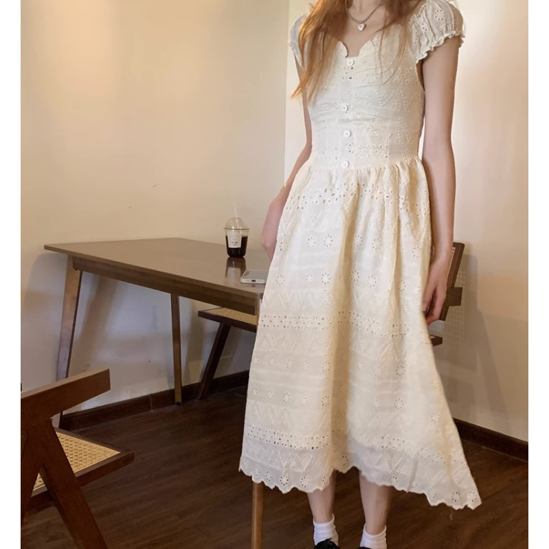 Đầm nữ trắng retro dáng dài tay ngắn tiểu thư có size to NT0153