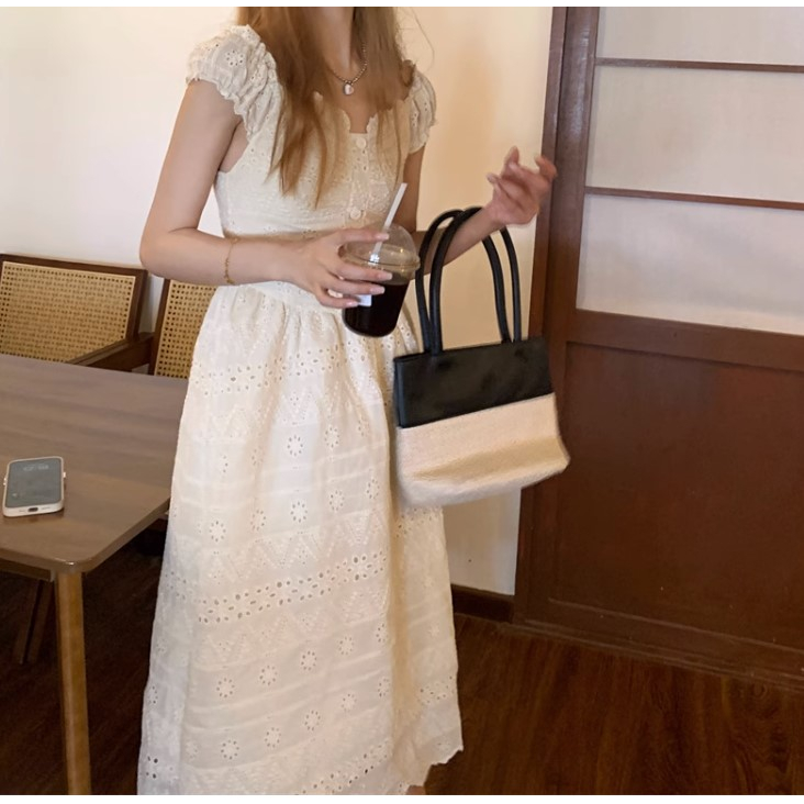 Đầm nữ trắng retro dáng dài tay ngắn tiểu thư có size to NT0153