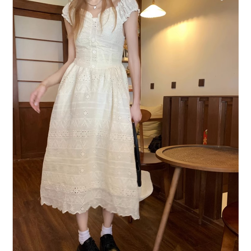 Đầm nữ trắng retro dáng dài tay ngắn tiểu thư có size to NT0153