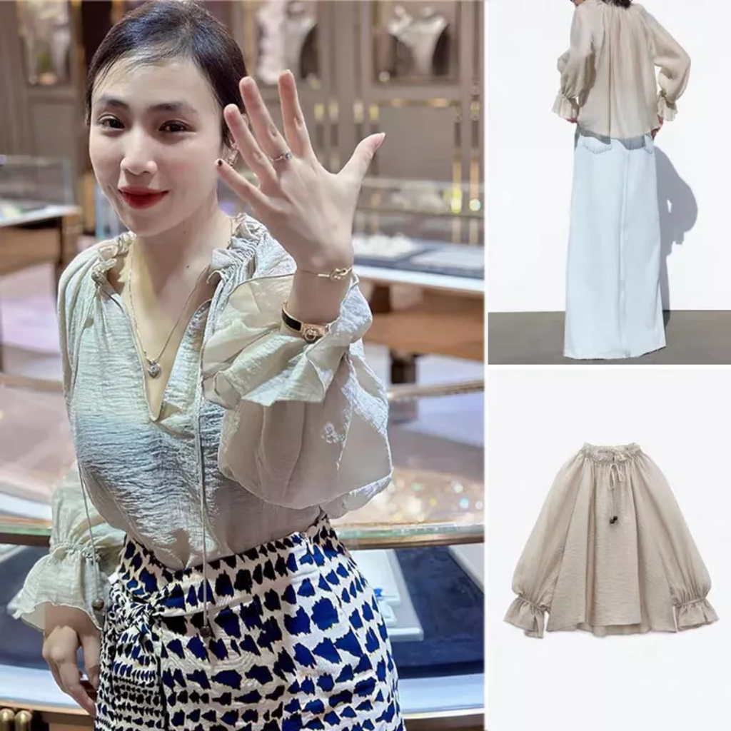 Áo Zara xuất xịn nude dài tay cổ bèo/ Chân váy Zara xuất xịn phối họa tiết