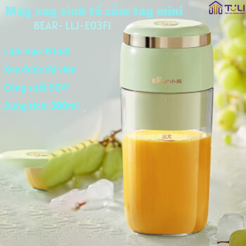 Máy xay sinh tố đa năng Bear LLJ-E03F1 dung tích 300ml, tích hợp pin sạch điện lưỡi dao innox 304 sắc bén - BH 18 tháng