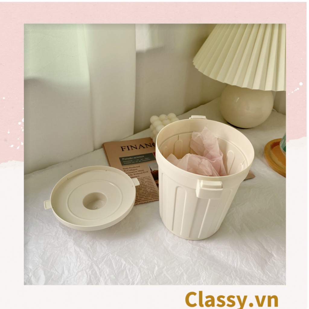 Thùng rác mini Classy , hộp đựng nhỏ hình chiếc xô để bàn học bàn làm việc có nắp đậy tiện lợi màu ghi PK639