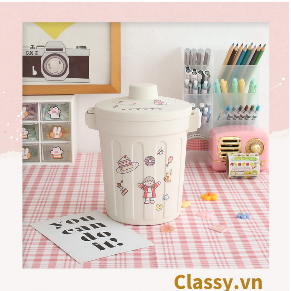 Thùng rác mini Classy , hộp đựng nhỏ hình chiếc xô để bàn học bàn làm việc có nắp đậy tiện lợi màu ghi PK639