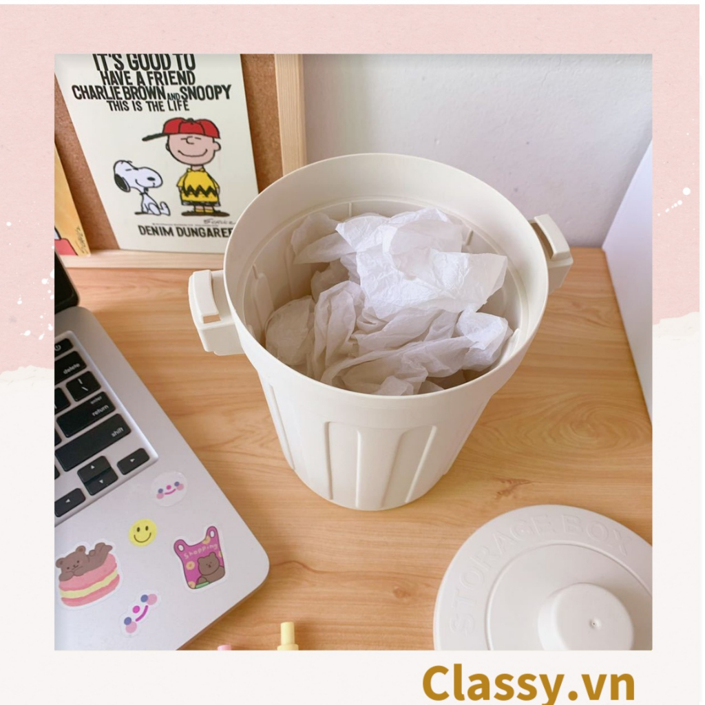 Thùng rác mini Classy , hộp đựng nhỏ hình chiếc xô để bàn học bàn làm việc có nắp đậy tiện lợi màu ghi PK639