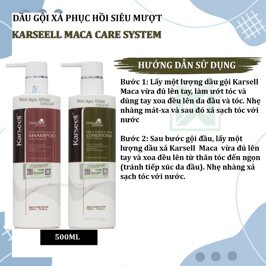 Dầu gội xả, kem ủ tóc phục hồi siêu mượt Karseell Maca Care System 500ML + 800ML