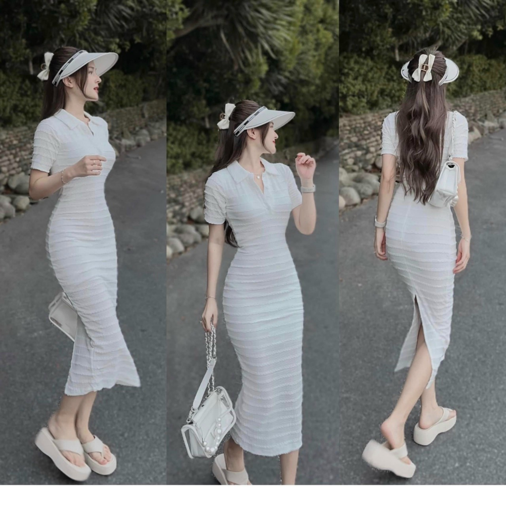 Váy đầm body tay ngắn xẻ tà sau chất xô ren 2 lớp y mẫu