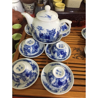 Bộ ấm chén men lam phỏng cổ trúc lâm thất hiền