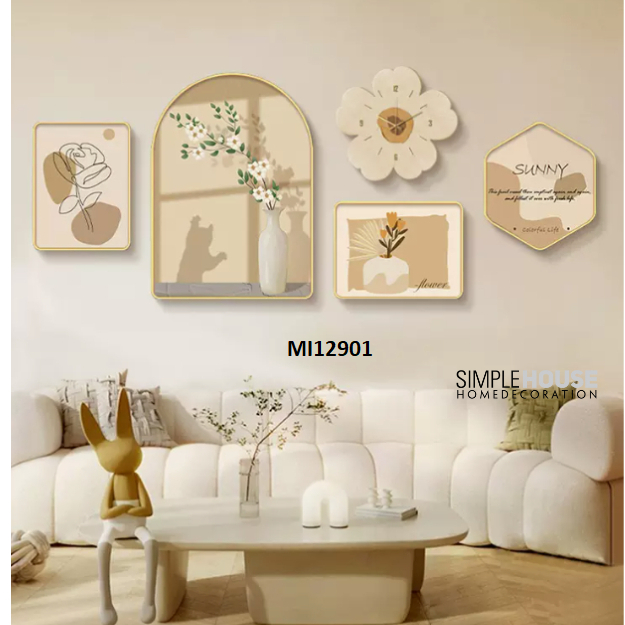 Tranh Treo Tường Đồng Hồ Tráng Gương Mix Match Bộ 5,Decor Trang Trí Nhà Cửa, Làm Quà Tặng - Simple House