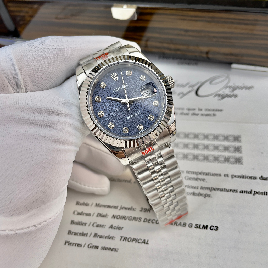 Đồng hồ Nam Rolex 3kim 1 lịch mặt xanh vi tính máy nhật chạy cơ Automatic size 38mm -41mm vỏ trắng