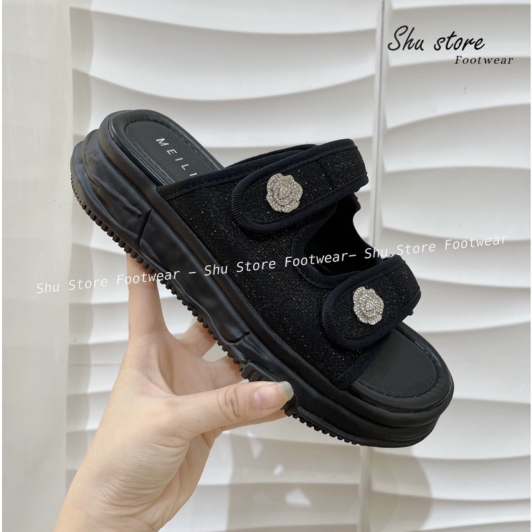 Shu Store | Dép đế bằng 2 quai dán đính kim tuyến thời trang năng động xinh xắn dành cho nữ