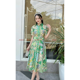 Váy sơ mi họa tiết xanh
