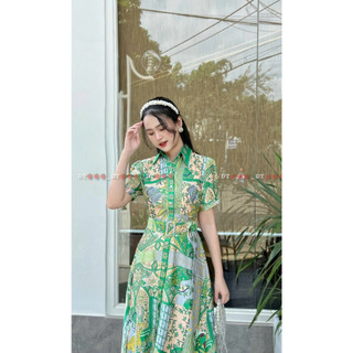 Váy sơ mi họa tiết xanh