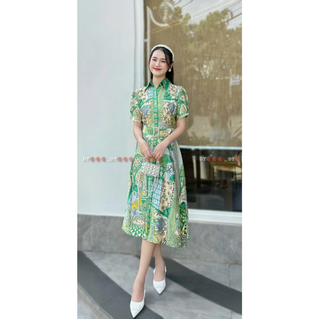 Váy sơ mi họa tiết xanh