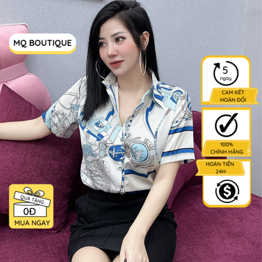 Áo sơ mi lụa cộc tay nữ cao cấp công sở họa tiết cổ điển xanh trời nền trắng thanh lịch, áo sơ mi thiết kế MQ Boutique