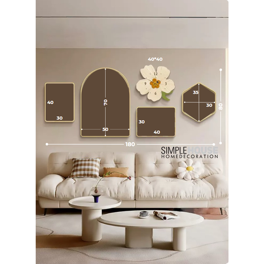 Tranh Treo Tường Đồng Hồ Tráng Gương Mix Match Bộ 5,Decor Trang Trí Nhà Cửa, Làm Quà Tặng - Simple House