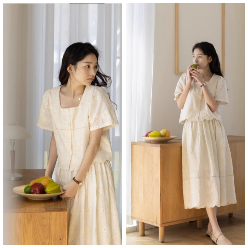 (ORDER) Set Áo Sơ Mi Cổ Vuông + Chân Váy Tiểu Thư Thiết Kế Vintage Phong Cách Hàn Quốc