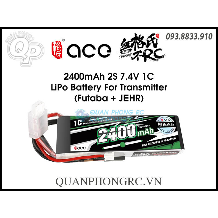 Pin TX Ace 2400mAh 2S 1C 7.4V LiPo Battery For Transmitter Futaba + JEHR Plug