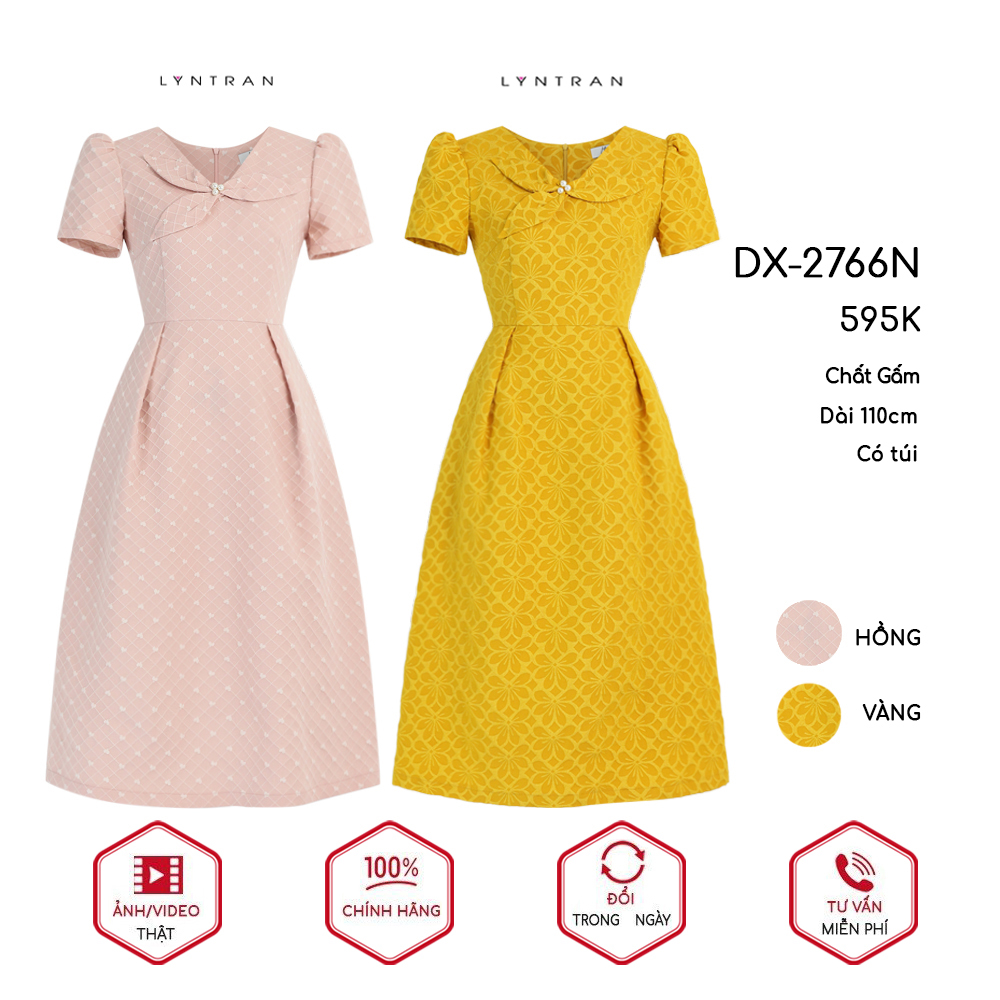 Váy xòe LYN TRAN DX-2766N cổ tim kết hoa 3 cánh Chất Gấm Thấm Hút Mồ Hôi Tốt