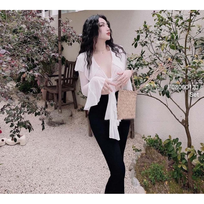 Set bộ áo sơ mi croptop tay dài cột vạt phối quần ống loe sang trọng VIENS STORE