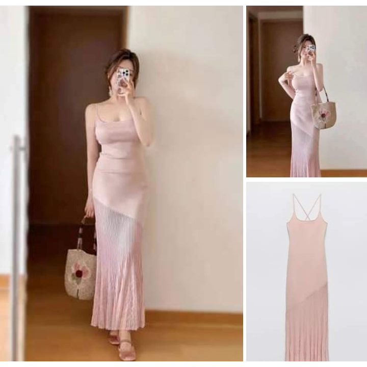 Đầm Zara xuất xịn Đầm 2 dây hồng ôm body dài phối xếp ly