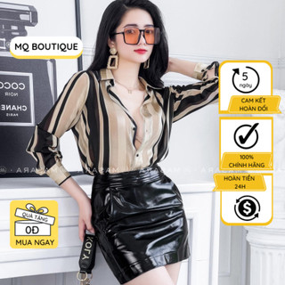 Áo sơ mi nữ lụa tằm dài tay cao cấp công sở họa tiết sọc đen nâu dáng cơ bản thanh lịch, áo sơ mi thiết kế MQ Boutique