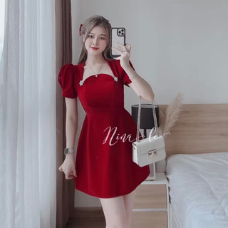 Đầm nhung đỏ đen cổ tam giác đính đá , tay búp hàng quảng châu cao cấp