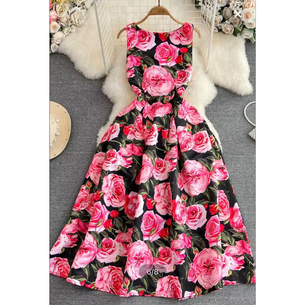 Đầm voan hoa hồng tay cánh tiên phối nơ to bự trước ngực, bo chung eo sau cực sang trọng