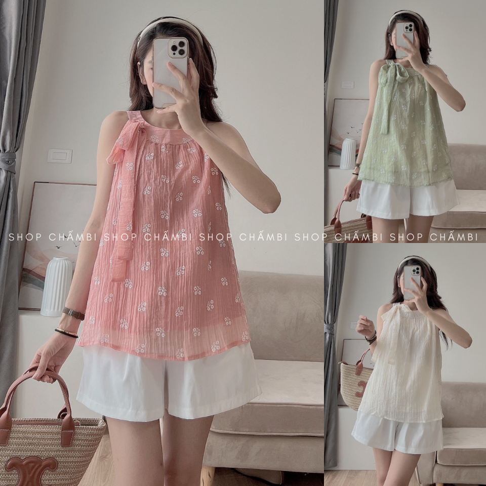 Set Đồ Nữ Đi Chơi S.135, Set Áo Cổ Yếm Thắt Nơ Cổ Kèm Quần Short Thoải Mái - Shop Chấm Bi