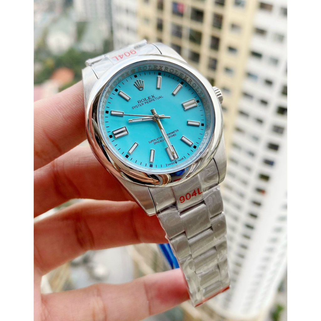 Đồng hồ Nam Rl 3kim mặt xanh biển vành trơn vỏ trắng máy nhật dòng Automatic size 40mm dây kim loại