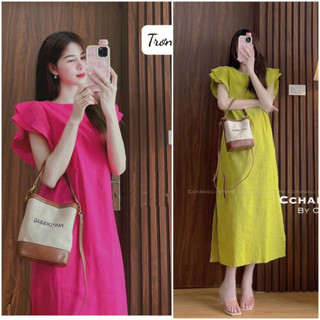 Váy đi biển cánh tiên đan dây lưng vải đũi, đầm maxi đi biển hai màu mềm mại