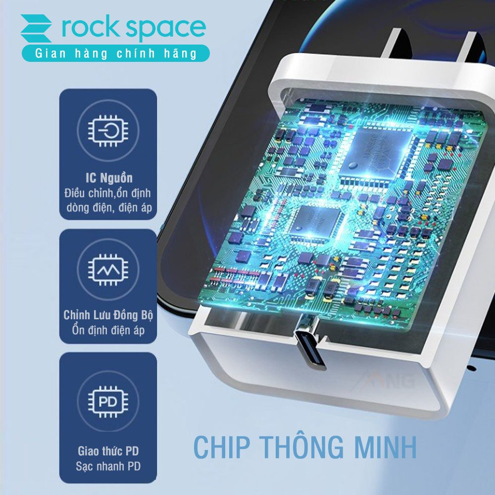 Củ sạc nhanh chuẩn PD 20W Rockspace T18  cổng Type C không nóng máy -  hàng chính hãng bảo hành 12 tháng