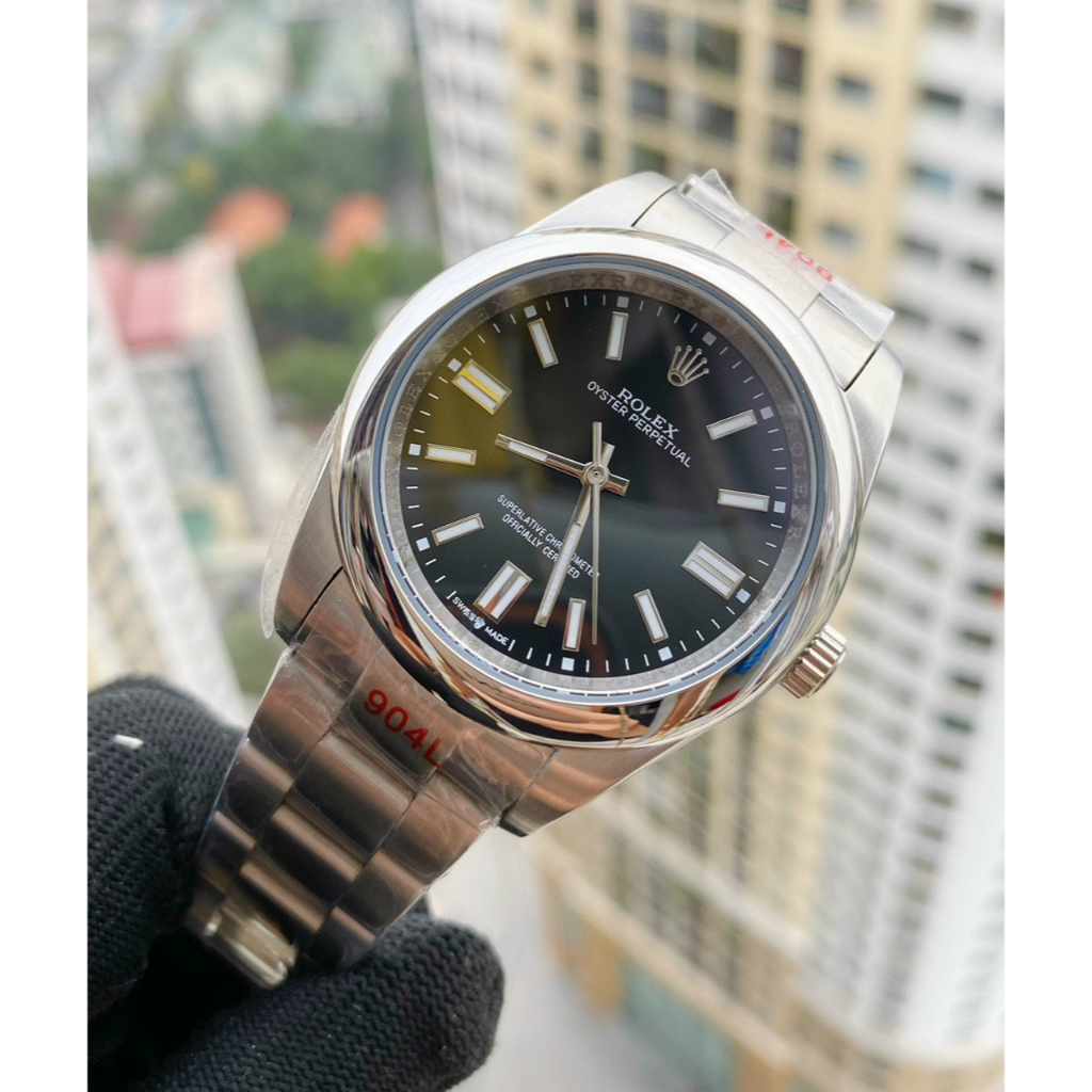 Đồng hồ Nam Rl 3kim mặt đen vành trơn vỏ trắng máy nhật dòng Automatic size 40mm dây kim loại