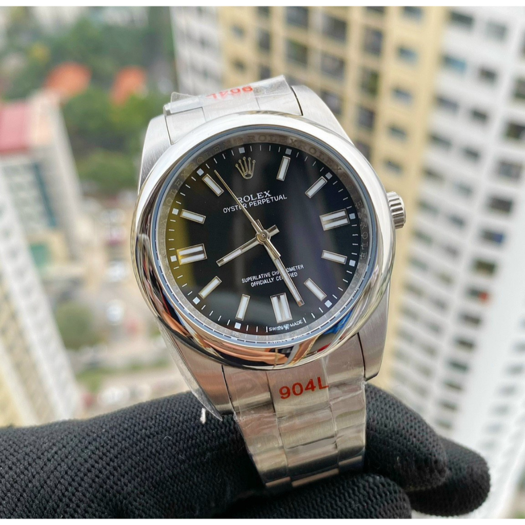 Đồng hồ Nam Rl 3kim mặt đen vành trơn vỏ trắng máy nhật dòng Automatic size 40mm dây kim loại